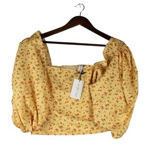 Womens L Yellow Ditsy Floral Cottagecore Peasant‎ Smocked Puff Sleeve Crop Top